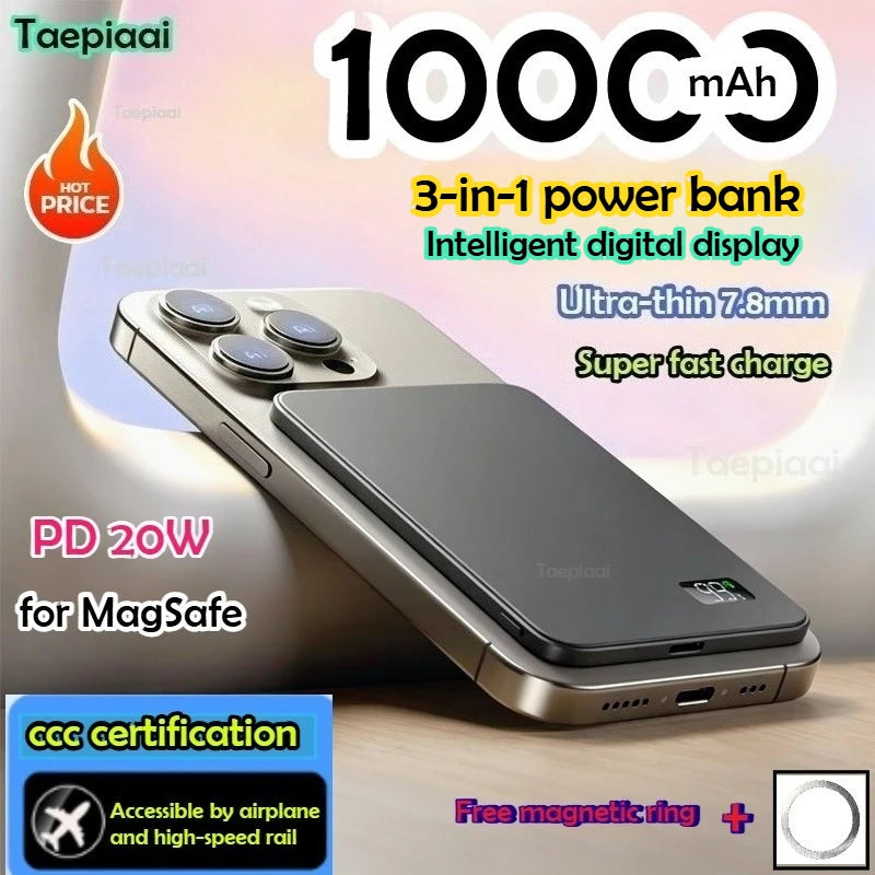 Taepiaai 10000mAh Magnetic Wireless PowerBank Ultra Thin Portable CCC Certified Super Fast Charging LED Display Pack for MagSafe
