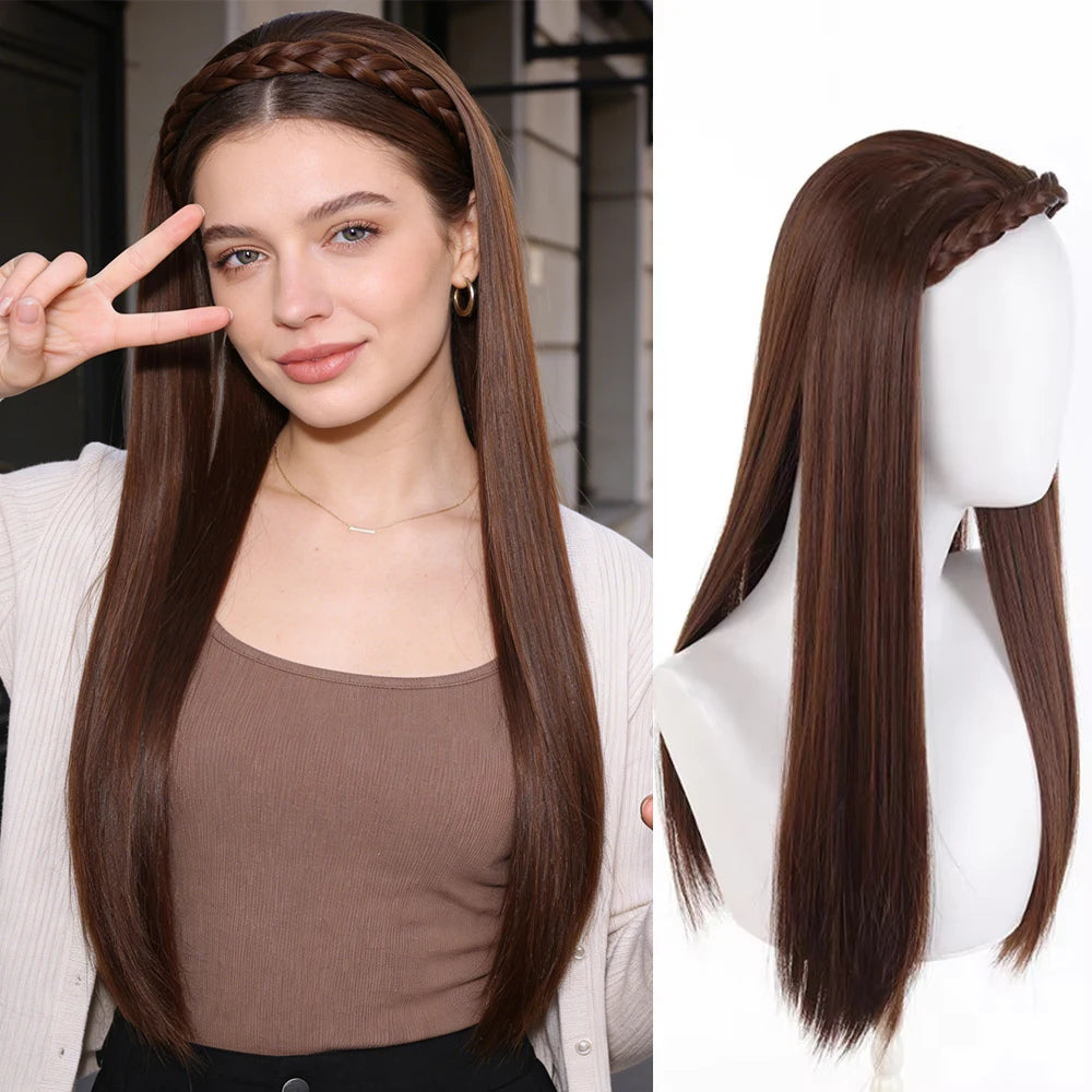 Synthetic Headband Wig 20‘’Long Straight Half Wigs For Women With Headband Heat-Resistant Hair Extensions
