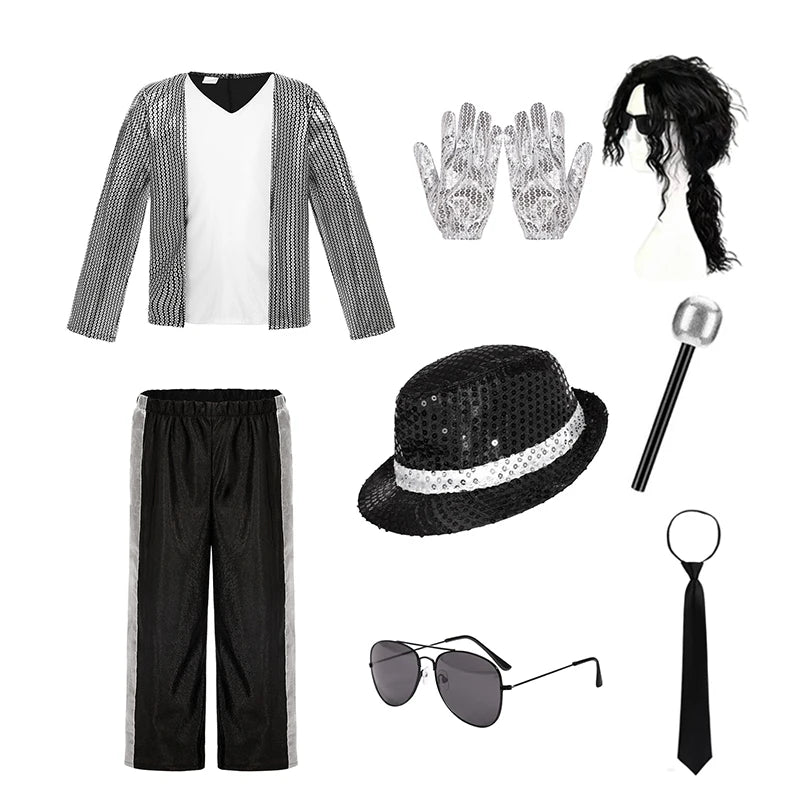 Kids Boys Michael Jackson Cosplay Costume With Accessories King Of Pop 80s Outfit Halloween Carnival Dance Fancy Dress Up