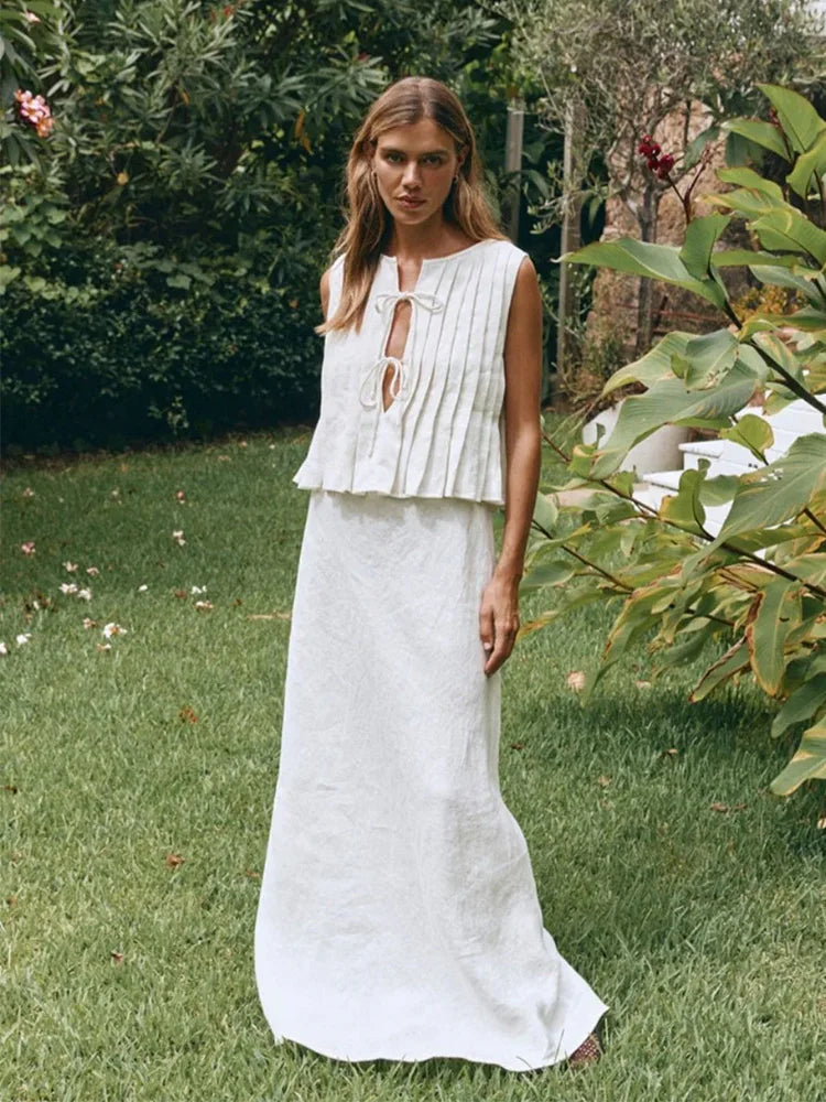 Sexy White Sleeveless Tie Shirt Top Long Skirt Two Piece 2026 Women Fashion Set Summer Holiday Beachwear Swimwear Cover Up A2860