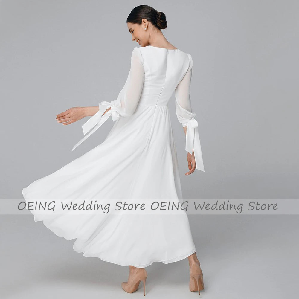Ivory Wedding Dress Asymmetrical V Neck A Line Midi Wedding Gown for Women 2023 Bride 3/4 Sleeves High Low Simple Bridal Dress