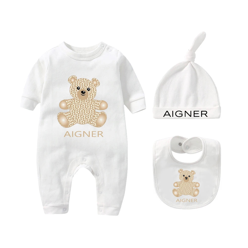 Popular bear jumpsuit, newborn autumn clothing hot selling, soft bib scarf hat, toddler jumpsuit set, baby long sleeved jumpsuit