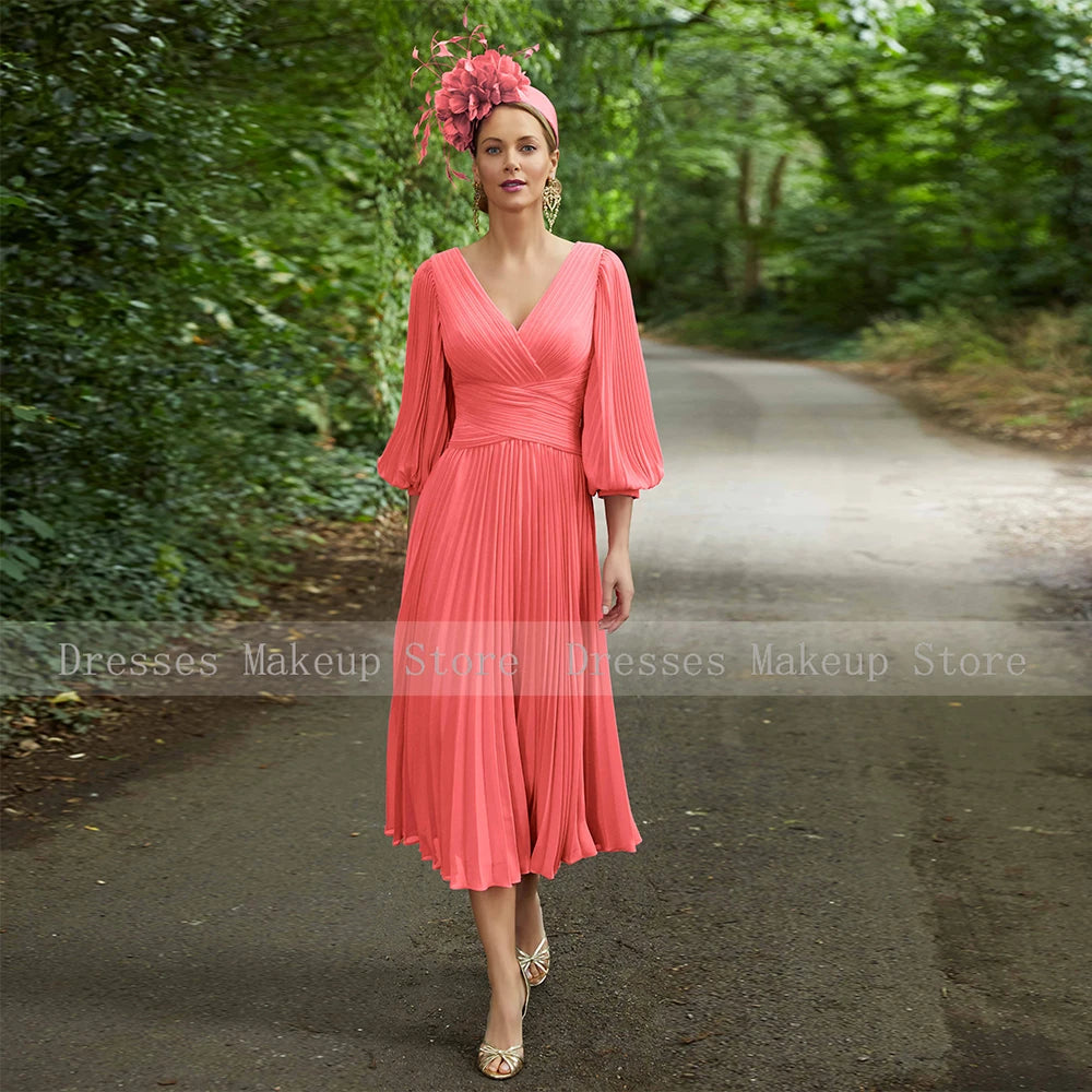 Pink Chiffon Wedding Guest Dress for Women 2023 A Line Mother of the Bride Gown  Weddings V Neck Puff Sleeves Midi Party