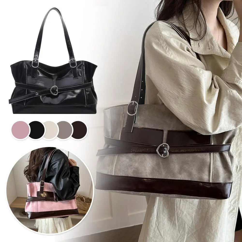 Retro Belt Buckle Underarm Shoulder Bag Women Large Capacity Commuter Tote Bag Vintage Casual Handbag Female Purse