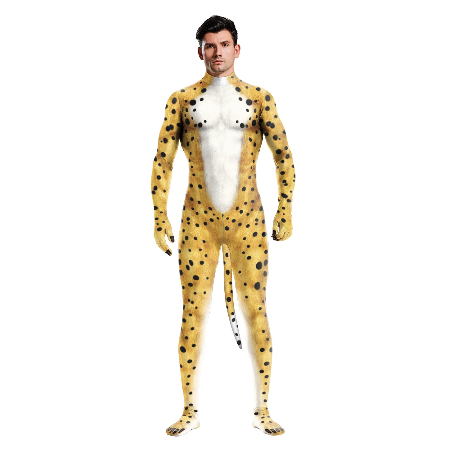 Halloween Cosplay Costume Male Adult Full Cover Elastic Zentai Pet Suit Jumpsuit Print Catsuit Bodysuits with Tail Purim Clothes