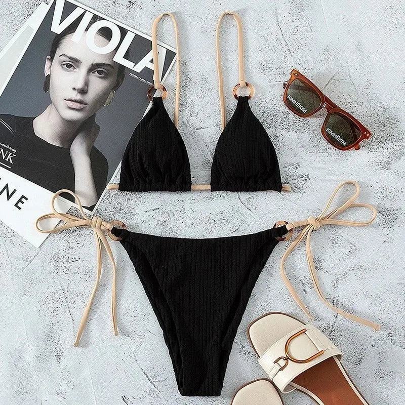 Solid Split Swimsuit Women Two Piece Beachwear Triangle High Cut Thong Bikini Push Up Summer 2026 New Sexy Bandage Bathing Suit