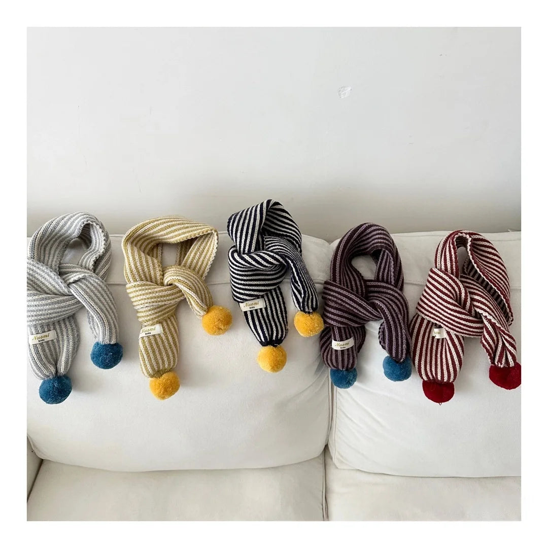 Warm Winter Neck Warmer 2025 Kids Striped Knitted Scarf with Cute Pom Poms Soft Fashion Accessory for Baby Toddler Boys Girls
