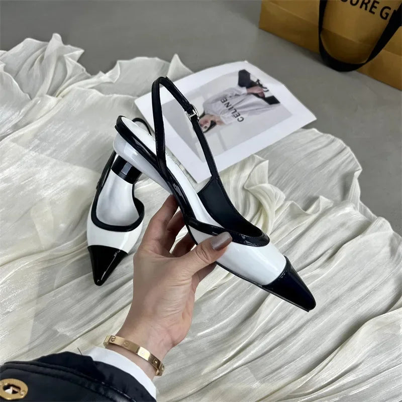 Designer Black White Mixed Color Low Heeled Sandals Women Sexy Pointed Toe Slingbacks Chunky High Heels for Women Elegant Heels