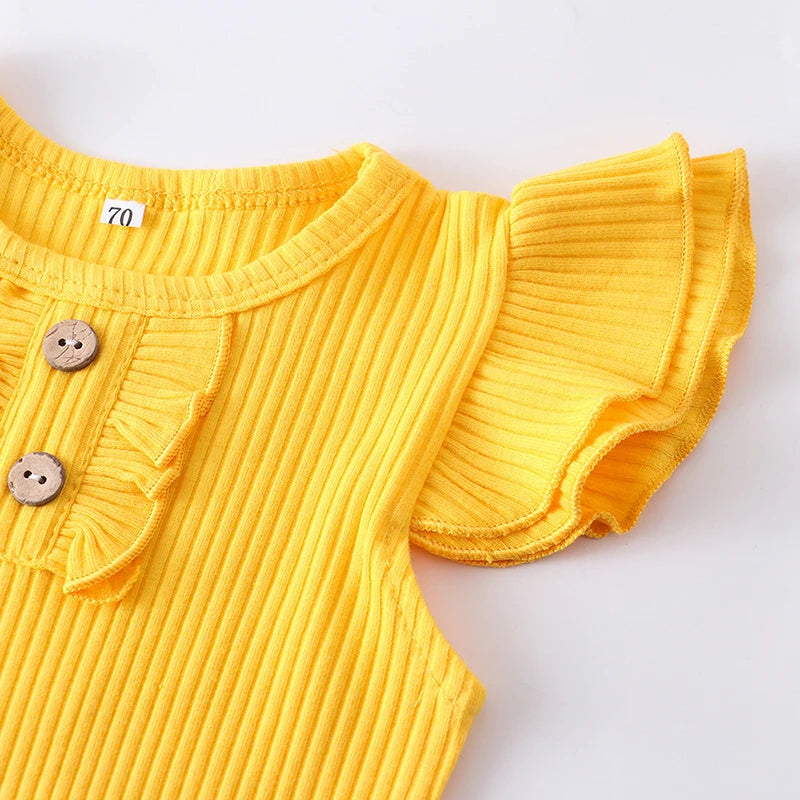 Summer Baby Girl Clothes Set Fashion Newborn Infant Knitting Cotton Ruffles Romper Shorts Bow Headband 3Pcs For Toddler Outfits