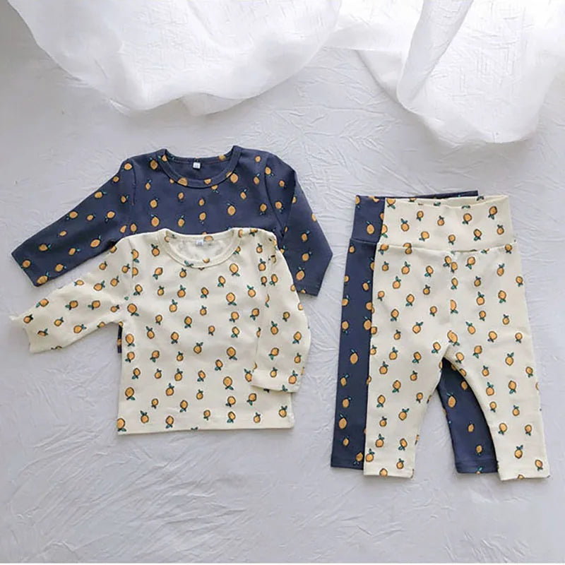  Fall Baby Pajamas Set 0-3Y Girls Lemon Printed Sleepwear 2Pcs Infant Boys Underwear High Waist Belly Protection Home Clothes