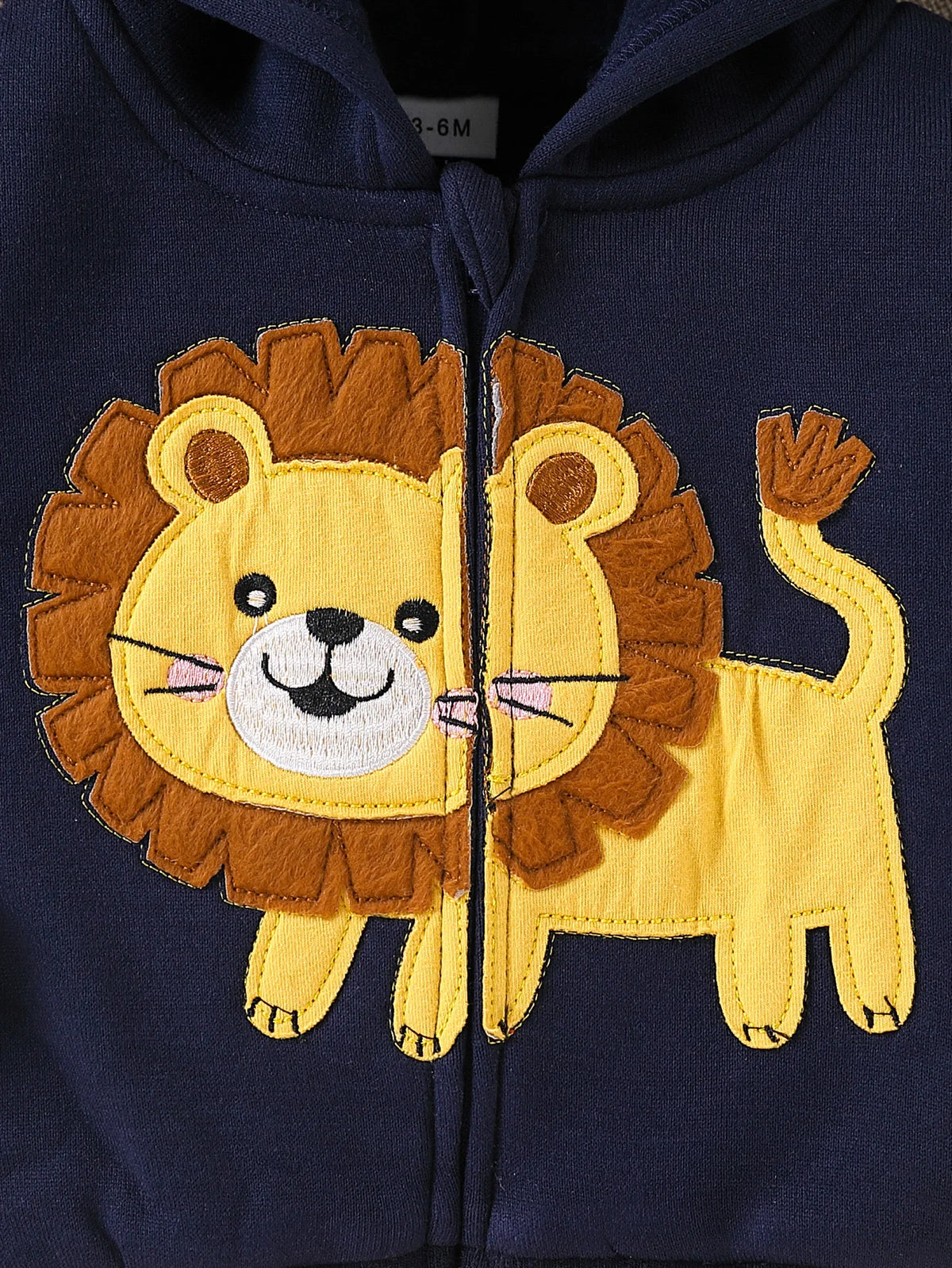 Cute Cartoon 3D Lion Embroidered Color-Blocked Hooded Zip-Up Fleece Jacket Winter Warm Baseball-Style Sweatshirt Jacket