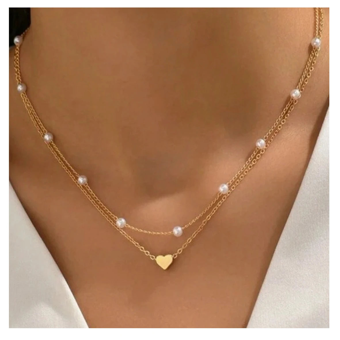 Fashion Imitation Pearl Heart Jewelry Set For Women Gold Silver Color Round Beads Necklace Bracelet Set Daily Wear Accessories