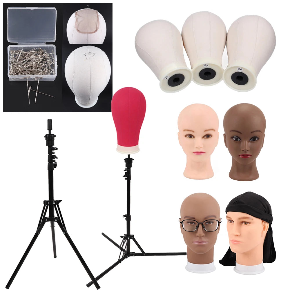Nunify 21-25Inch Canvas Block Head Mannequin Adjustable Wig Stand Tripod With Rotatable Head Holder For Hairdressing Exhibitions