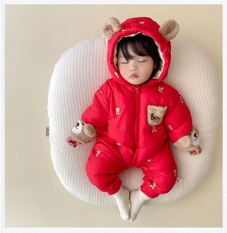 New Winter Thick Keep Warm Boys Girls Rompers Lined With Velvet Cartoon Bear Pattern Hooded Bodysuits For 1-2 Years Old Kids