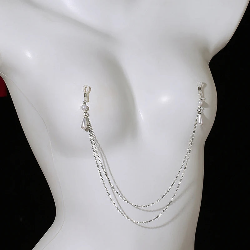 Sexy Metal Pearl Tassel Chest Chain For Woman Trendy Silver Color Double Layer Nipple Chain Body Chain Charm Jewelry Accessories