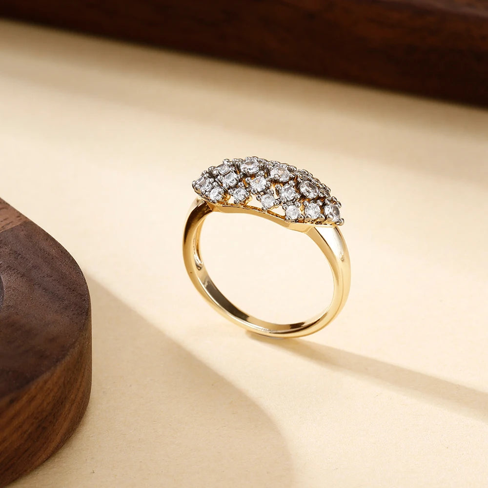 Hollow oval inlaid zircon earrings and rings three-piece elegant fashion jewelry two-tone set wedding party accessories