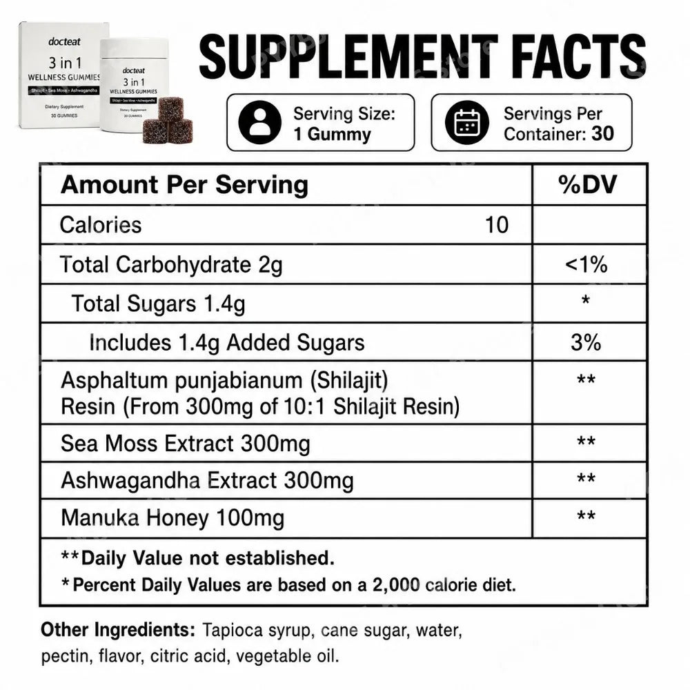 3 in 1 Wellness Gummies 30 Count Shilajit Sea Moss Ashwagandha Daily Energy Vitality Mood Immune Digestive Support Men Women