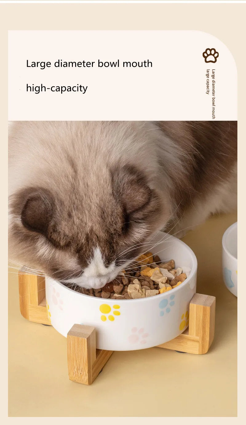 Ceramics Dog Bowl with Wood Mat Wide Mouth Feeding Bowls Food and Water Pet Feeder for Cat Puppy Protecting Cervical Spine