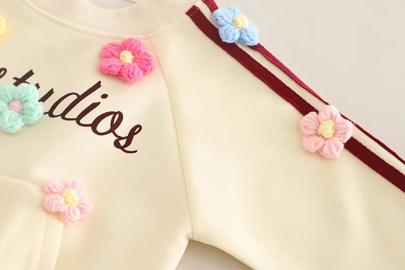 Baby 2Pcs Outfit Set 3D Colorful Flower Decor Raglan Long Sleeve Sweatshirt Striped Jogger Pants Infant Soft Cotton Spring Set