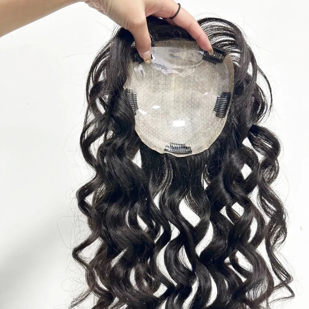 15x16cm Virgin European Human Hair Topper Hair Piece Clips in Loose Wave Silk Top Base Topper with Bangs for Thinning Hair Women
