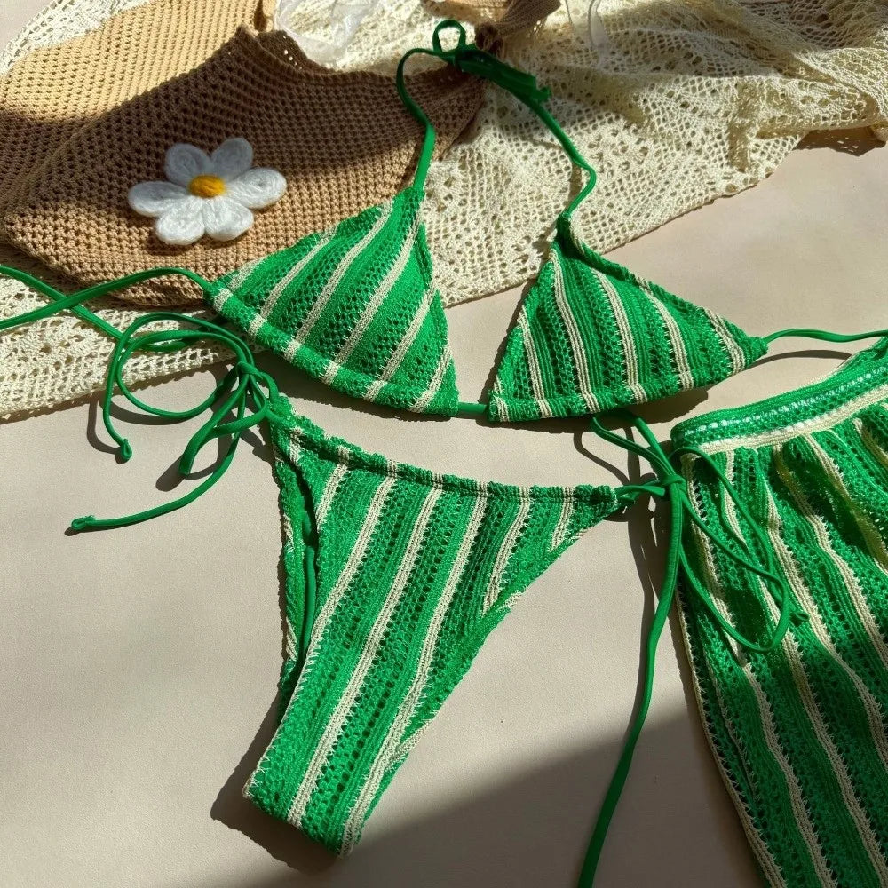 Fashion Stripes 3 in 1 Swimwear Set Lace Up Slim Fit Bikini Bathing Suit Deep-V Sleeveless Knitting Swimsuit Vacation