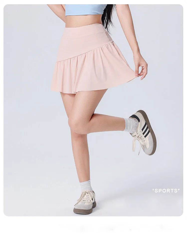 Women High Waist Asymmetrical Tennis Skirt Built-in Shorts Quick Dry Breathable Workout Running Sports Mini Skort