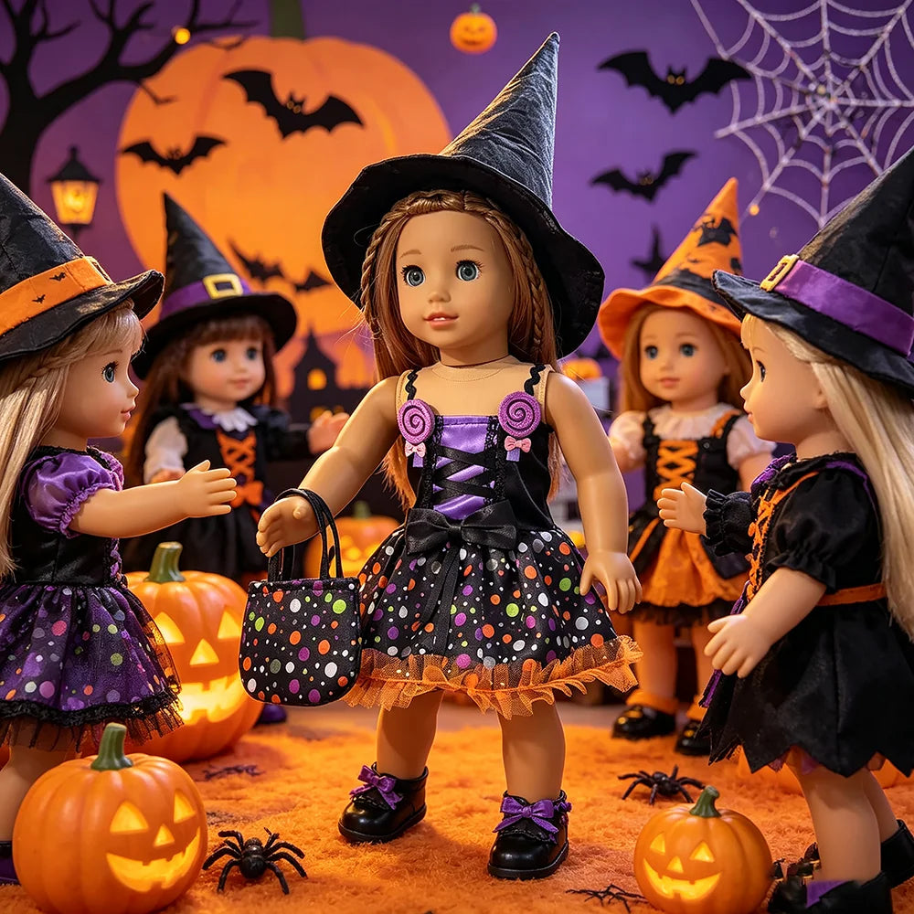 Halloween Doll Costume Outfit Suitable for 18 Inch Dolls. Doll Holiday Costume Set with Three Pieces and Doll Accessories
