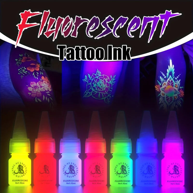 Glow Dark Tattoo Ink Set 7 Colors 10ml Fluorescent Pigmented Inks for Halloween Body Art Light Effects Vibrant Colors