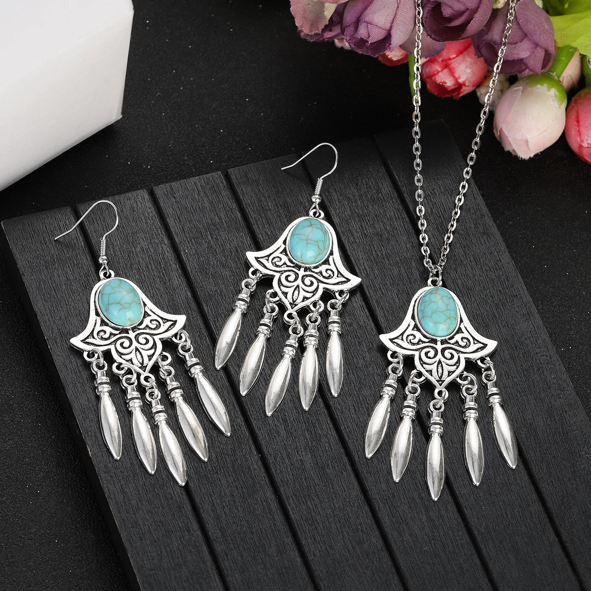 2023 Indian Jewelry Set Ethnic Silver Plated Geometric Carved Tassel Earring Necklace Women's Blue Turquoises Chain Jewelry
