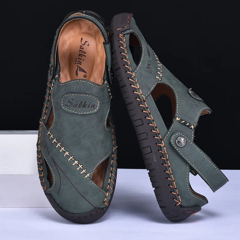 New Handmade Summer Sandals Men Breathable Leather Shoes Man Outdoor Men Sandals Antiskid Beach Sandals Hollow Shoes Fashion