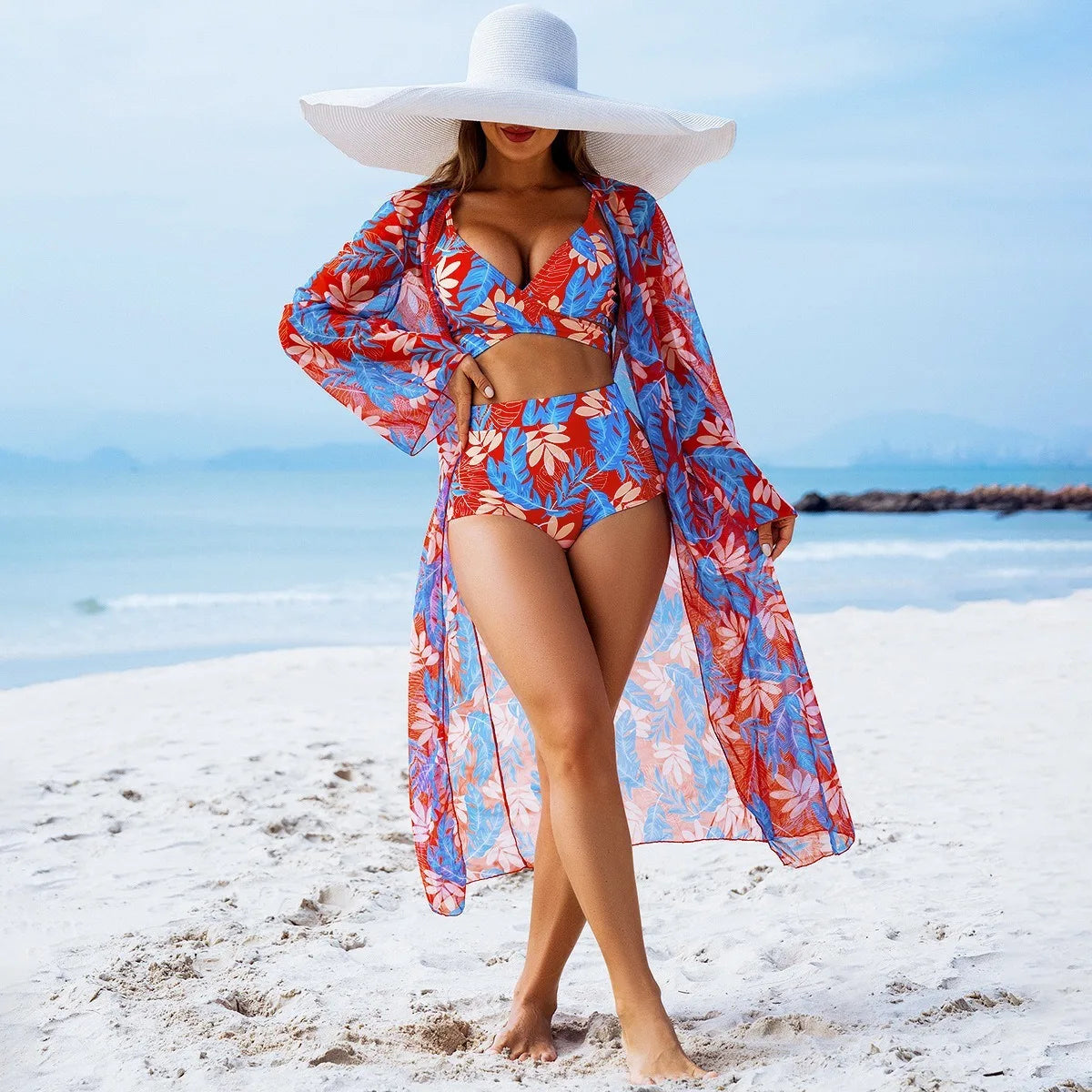 Women 3 Pieces Underwire Floral Bikini Set V Neck High Waist Swimsuit With Long Sleeve Kimono Cover Up Beach Bathing Suit