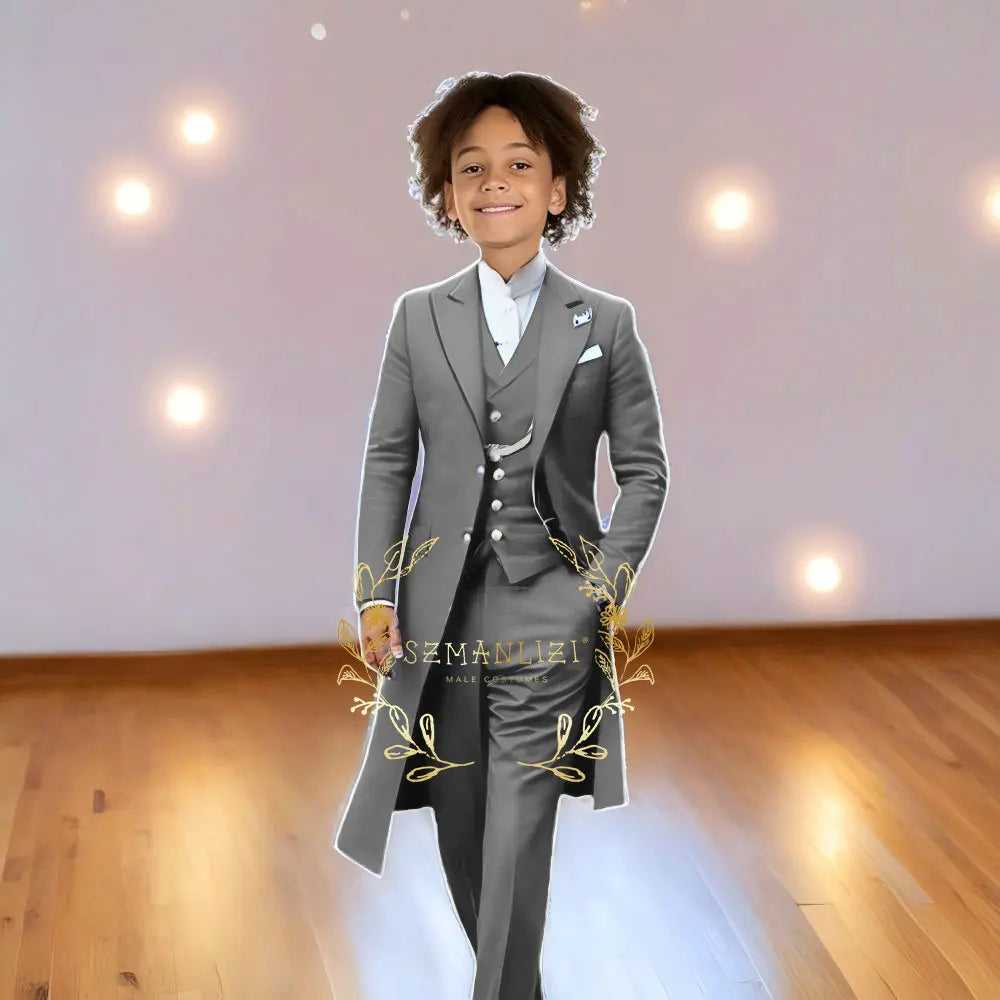 Children Formal Tuxedos Boys Suit Light Grey Long Jacket Vest Pants Sets for Piano Performance Birthday Party Costume Tailored