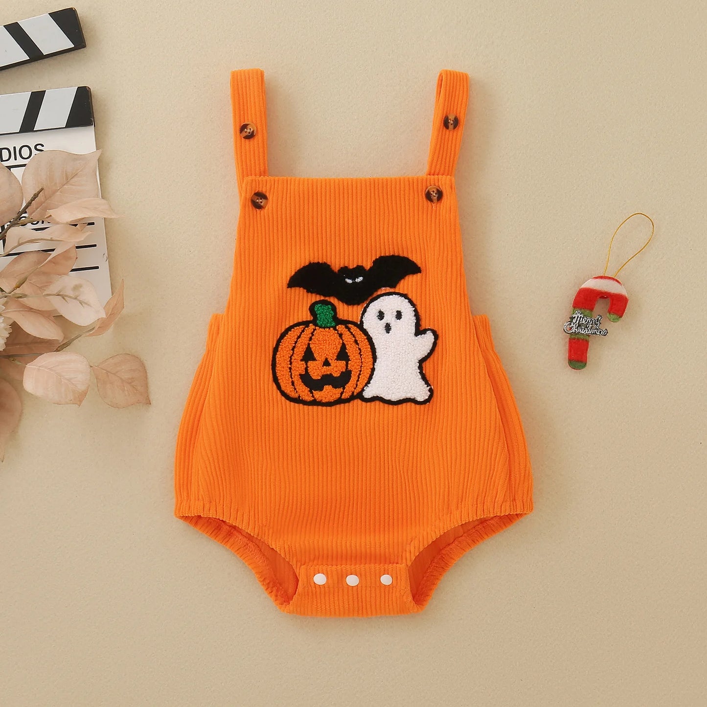 Baby Halloween Corduroy Overalls Romper Pumpkin Ghost Bat Embroidery Sleeveless Suspender Bodysuit Infant Fall Costume