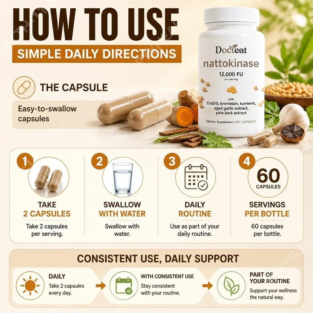 Docteat Nattokinase 12000 FU with CoQ10 Bromelain Turmeric Supports Healthy Blood Flow and Antioxidant Defense 60 Capsules