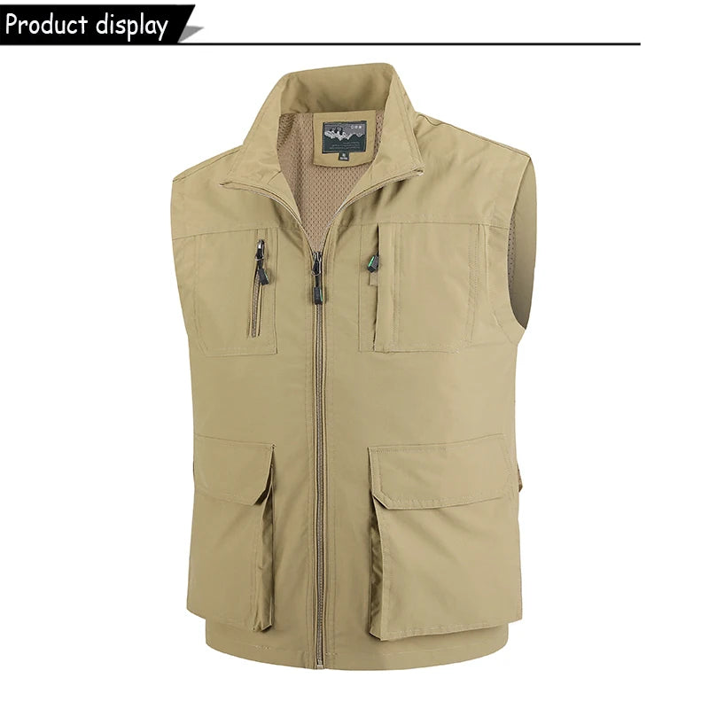 2026 Summer Men Sleeveless Cargo Leisure Work Lapel Vest Men Outdoor Solid Color Fishing Camping Thin Pocket Vest Male Waistcoat