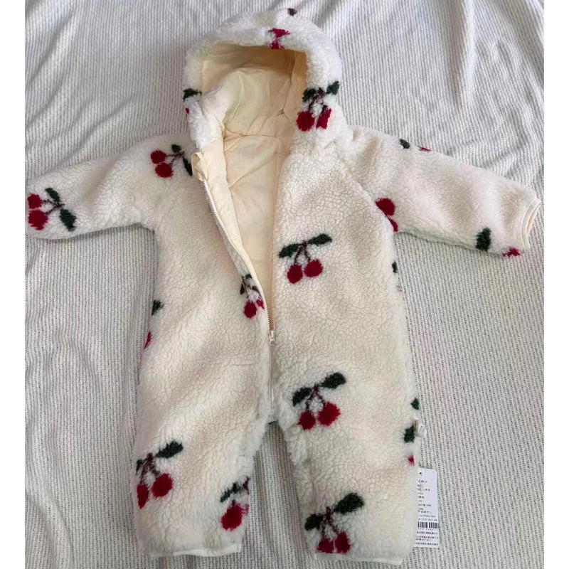 2025 Winter Long Sleeve Baby Fleece Hooded Jumpsuit Cherry Print Infant Warm Romper Crawling Outfit Newborn Clothes