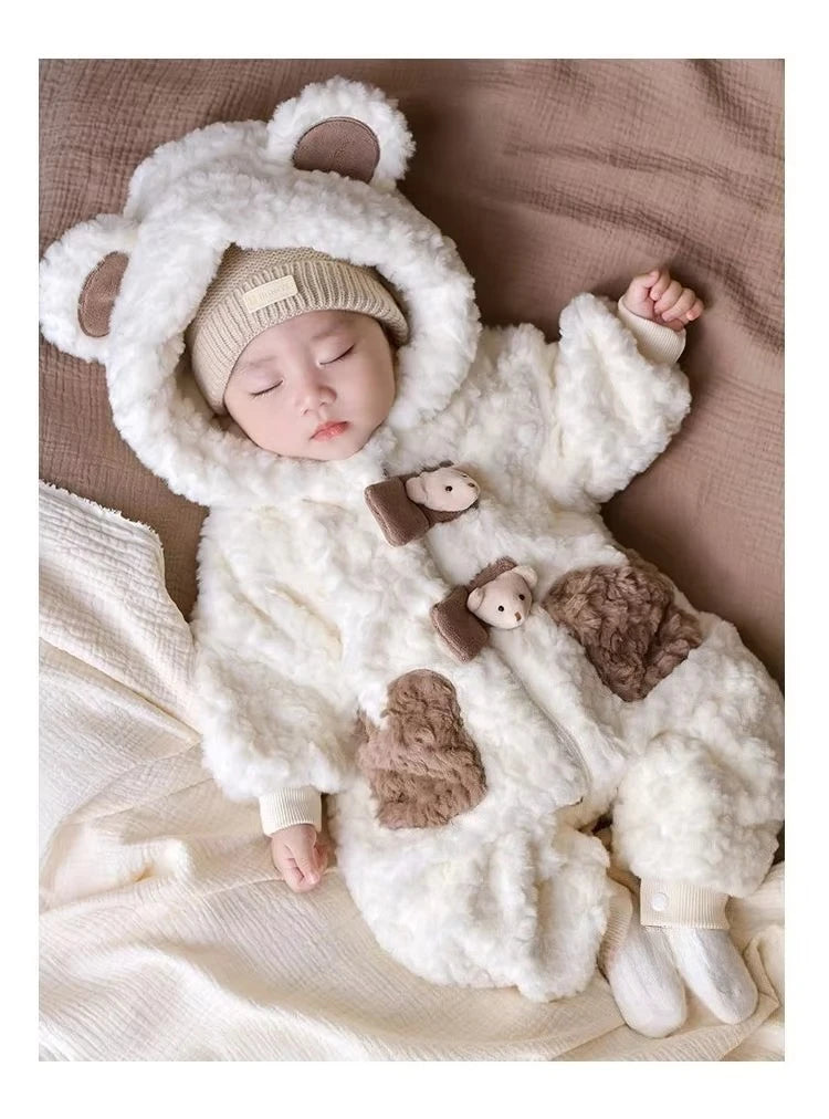2026 Winter Baby Girls Boys Cute Cartoon Bear Soft Warm Fleece Hooded Rompers Infant Kids Long Sleeve Overalls Jumpsuit