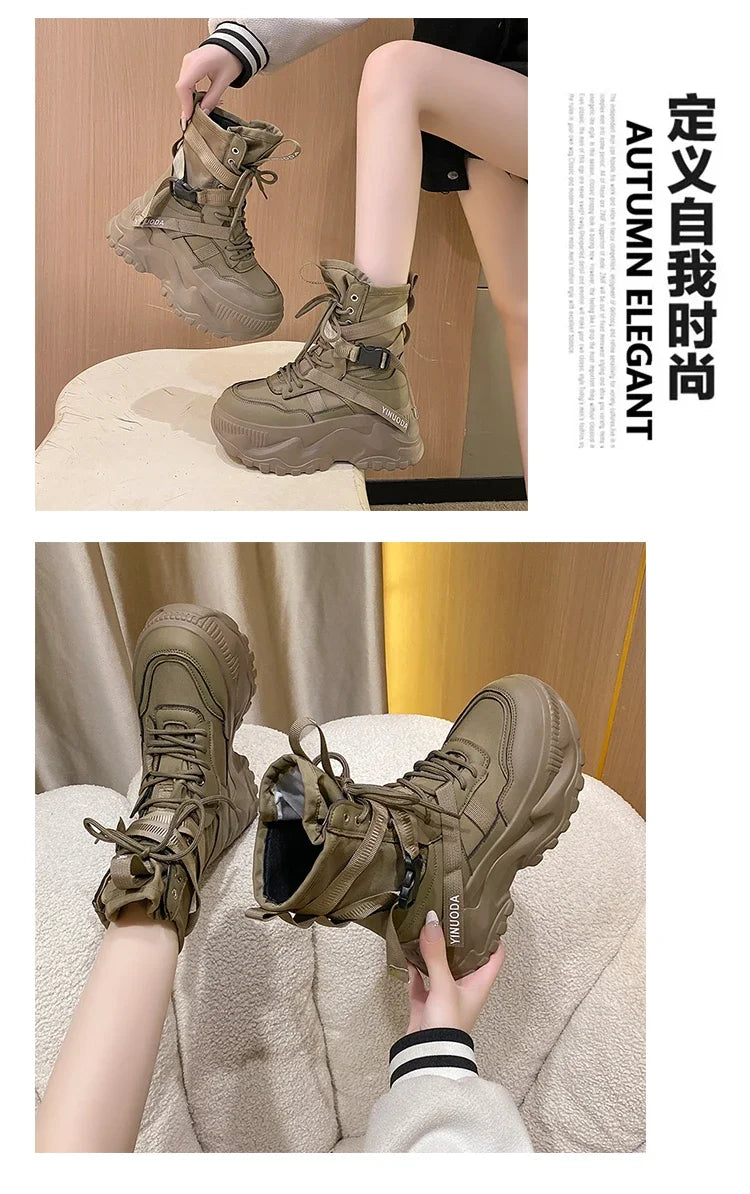 Hot Fashion Women Chunky Platform Motorcycle Boots White Lace Up Thick Bottom Shoes Woman Autumn Winter Ankle