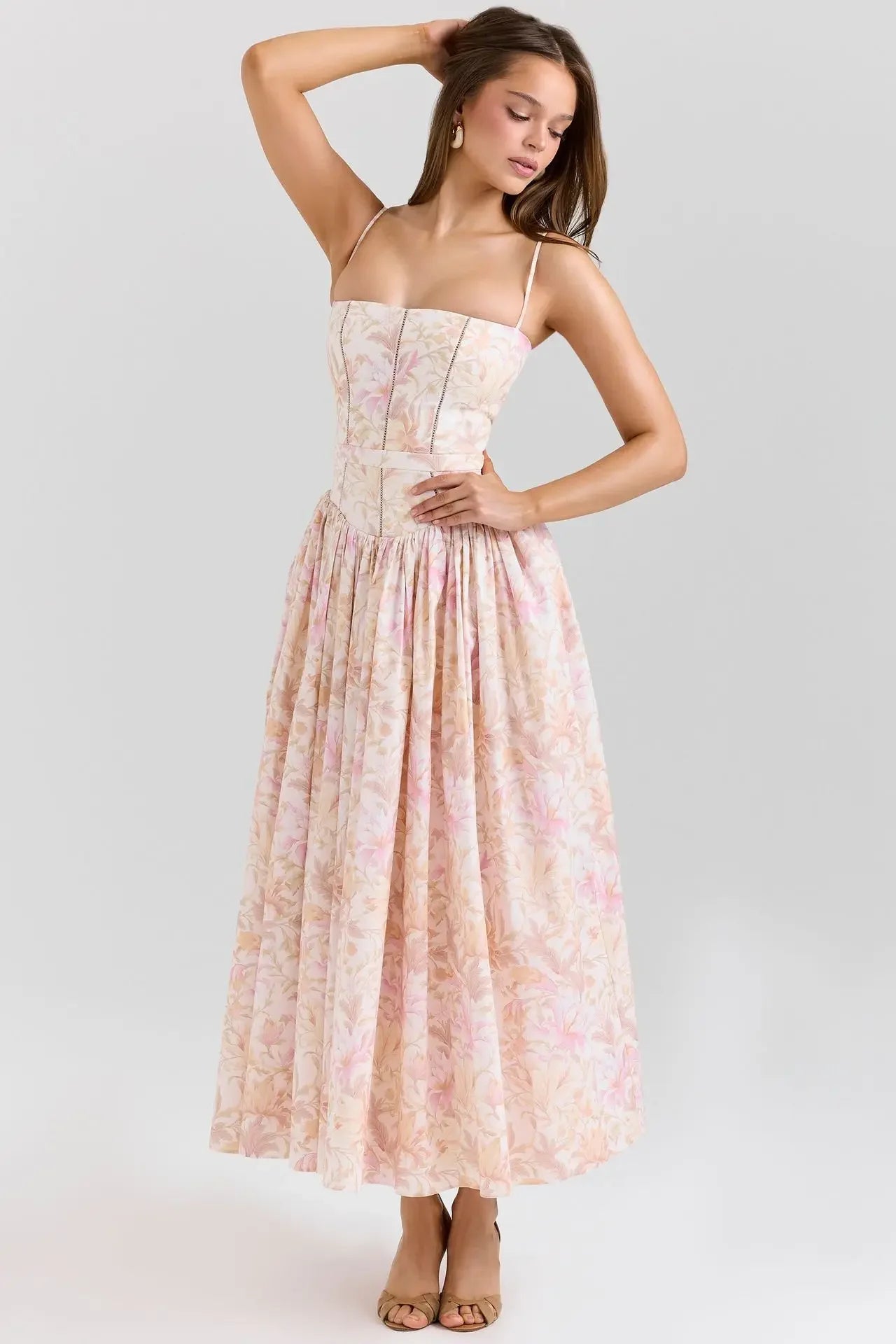 Elegant Fairylike French Style Gentle Floral Print Strapless Midi Dress Slimming Women's Fashion High End Feeling Dress