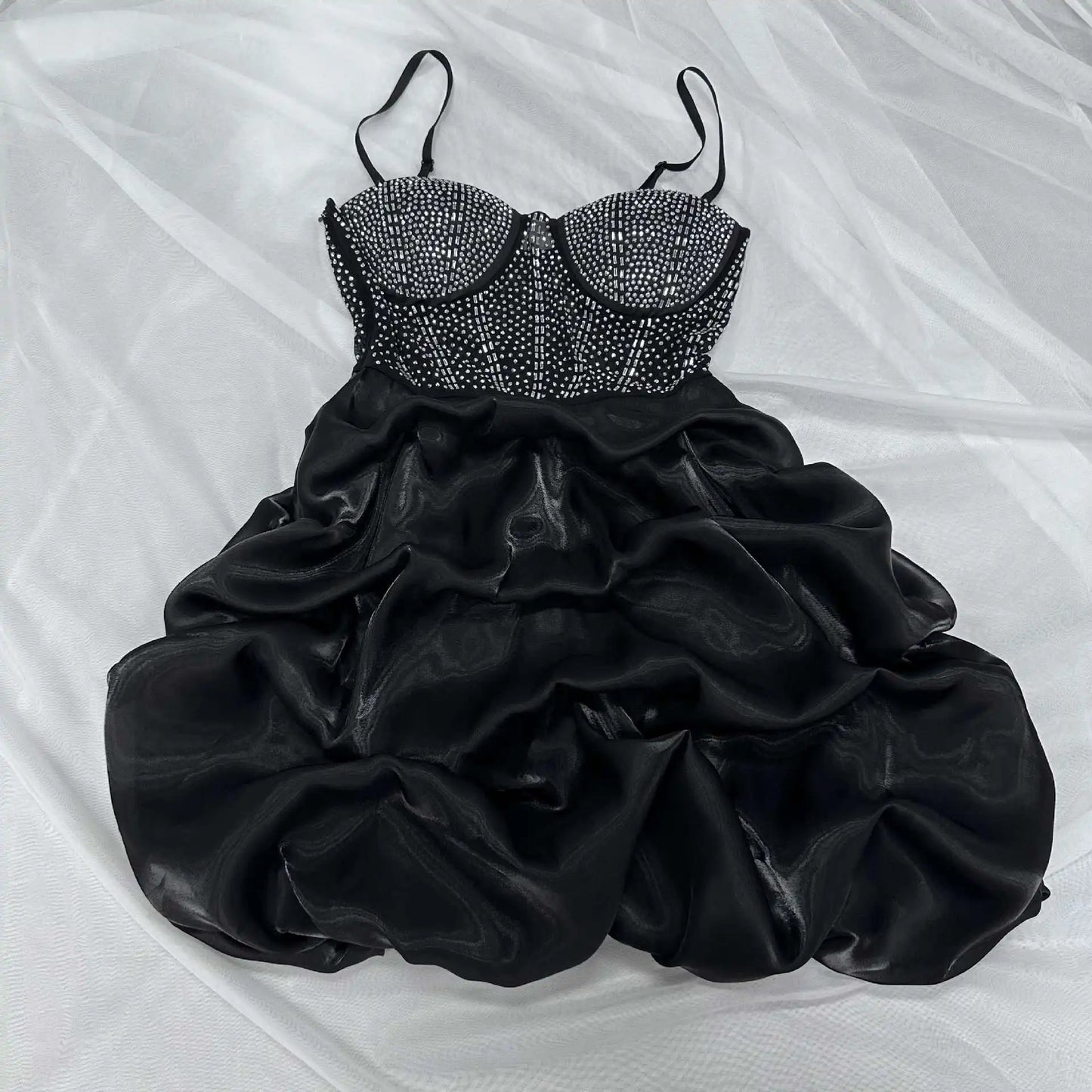 HBLL Sexy Rhinestone Bodycon Ruched Puff Suspenders Dresses Women Sheer Mesh Birthday Party Night Clubwear Summer Dresses Robes