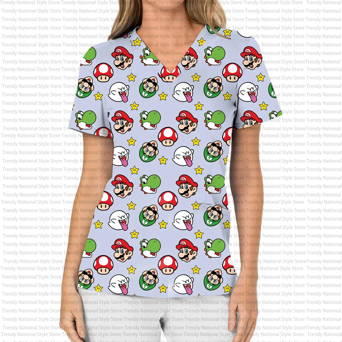 Women's Nursing Hair T-shirt, Nurse Uniform, Professional Medical Cartoon Print, Women's Nursing Wear, Work Veterinarian Top
