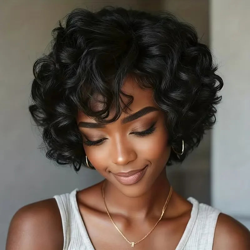 10Inch Curly Bob Pixie Wigs Human Hair 100% Natural Realistic Tangle Free Full Machine Made For Women Black Wig With Bangs