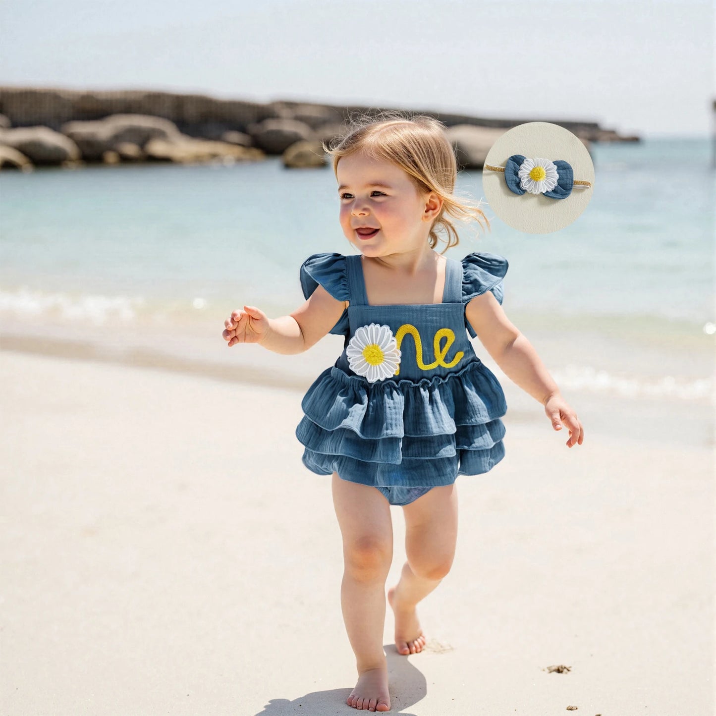 Newborn Baby Girls 1st Birthday Romper Dress Summer Cute Daisy Letter Embroidery Fly Sleeves Ruffles Jumpsuit and Headband Set