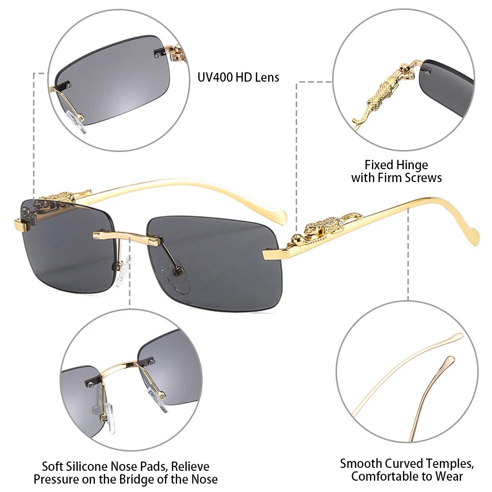 Rimless Square Sunglasses Women Men Luxury Brand Designer Popular Travel Driving Metal Leopard Head Sun Glasses Shade Eyewear