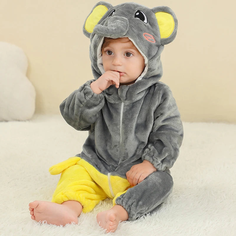 MICHLEY Halloween Elephant Winter Baby Rompers Clothes Costume Flannel Hooded Bodysuits Pajamas Animals Jumpsuit For Boys Bebe
