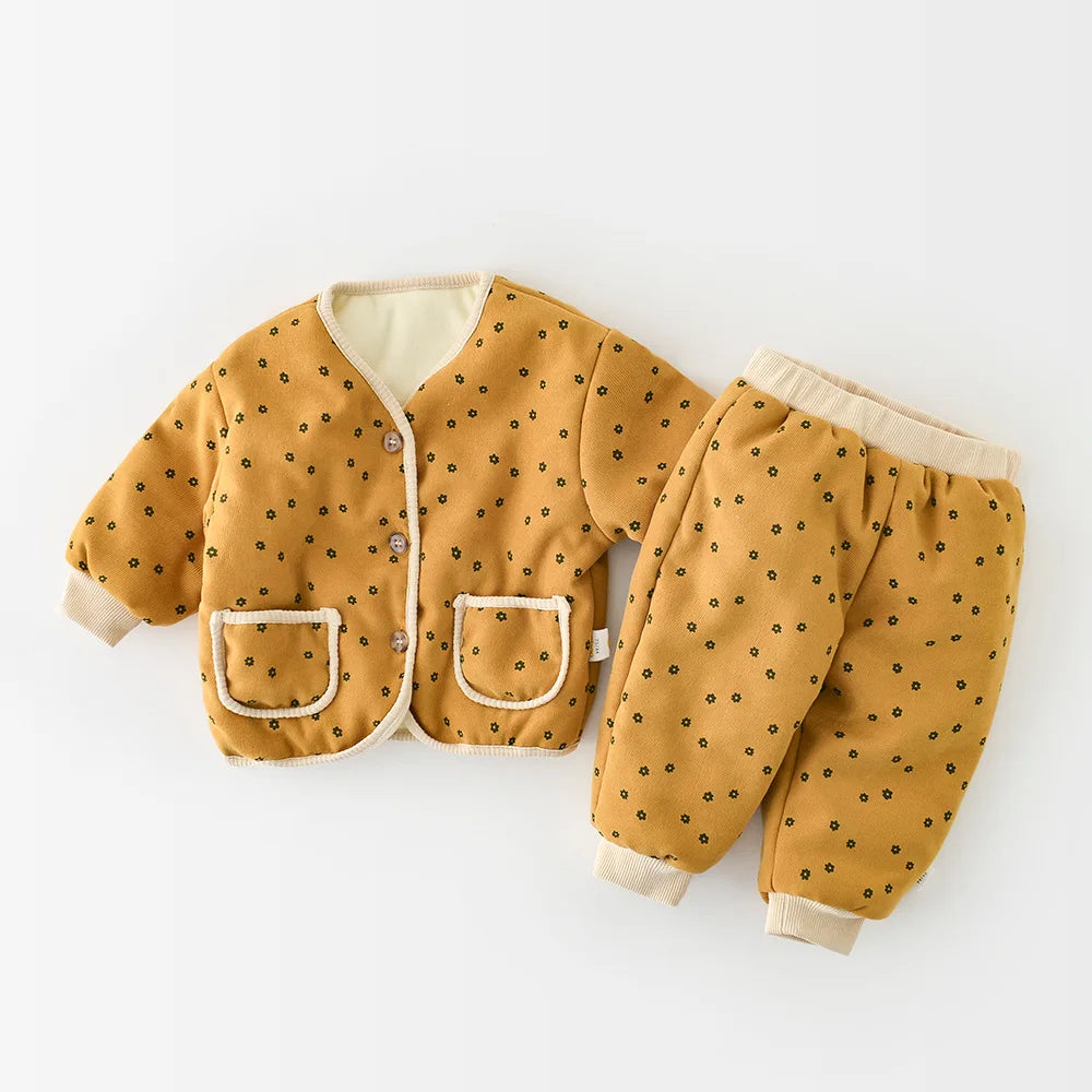 2026 Winter New Baby Warm Clothes Set Cute Leopard Floral Coat + Pants 2pcs Suit Vintage Baby Girl Outfits Infant Jacket Set