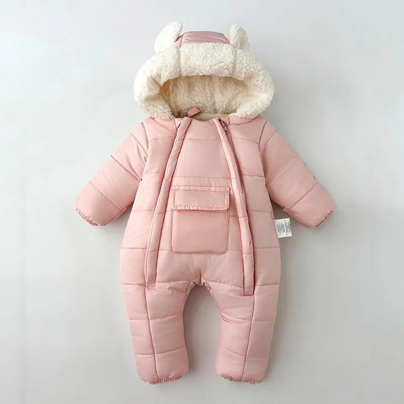 Winter New Baby Boys Girls Bodysuit Solid Color Lining Plush Thick Warm Hooded Jumpsuits For 6M-30M Kids Cotton Romper Snowsuit