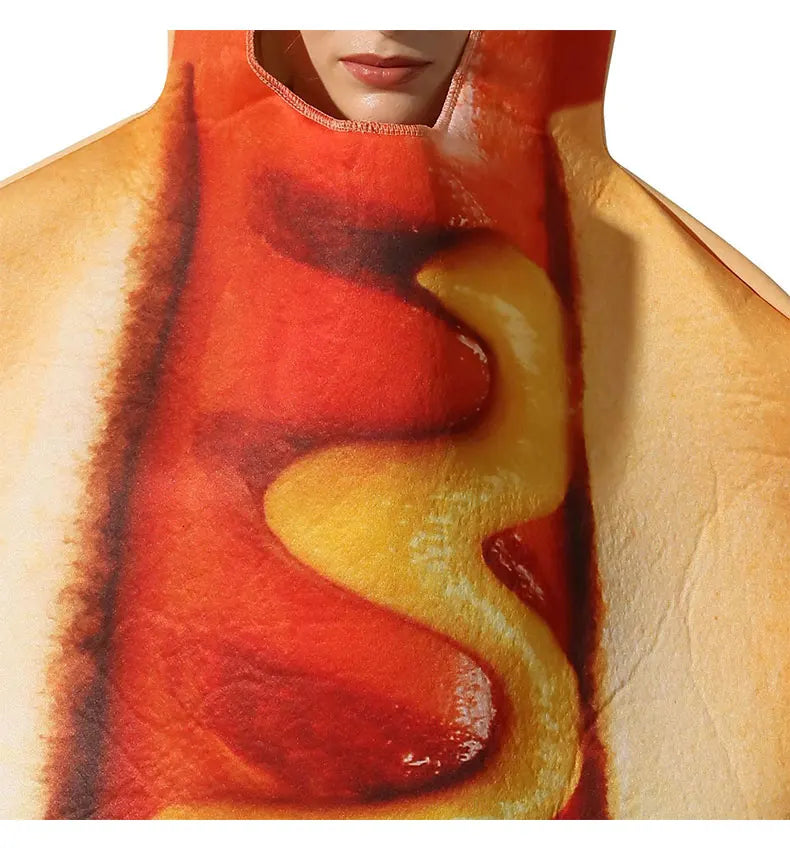 Halloween party costume, hot dog cosplay attire, stage performance outfit, one-piece dress, performance outfit
