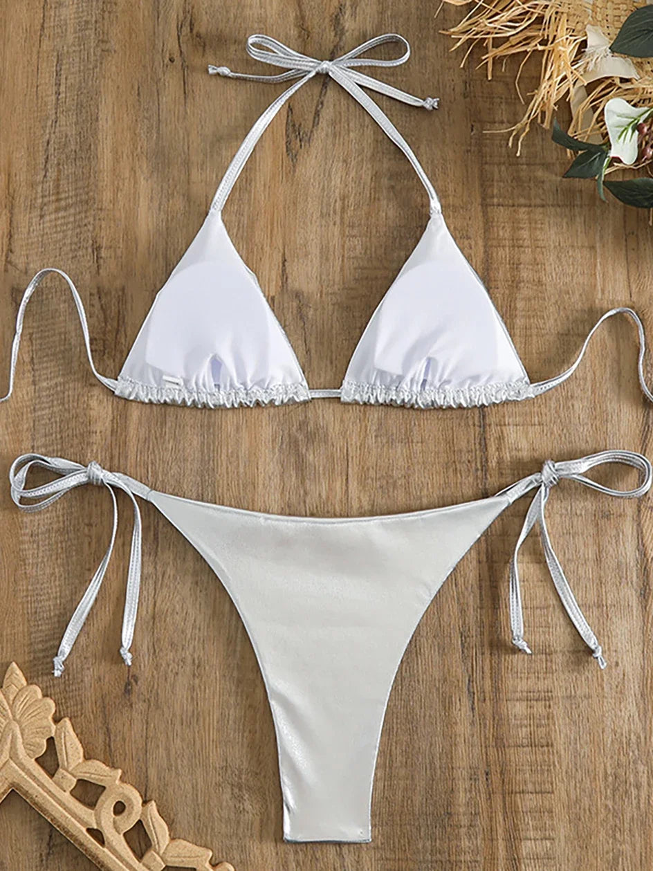 Sexy Metallic Halter Bikinis Sets Lace Up Triangle Tie Side Bikini 2026 Swimsuit Women Swimwear Brazilian Female Bathing Suits