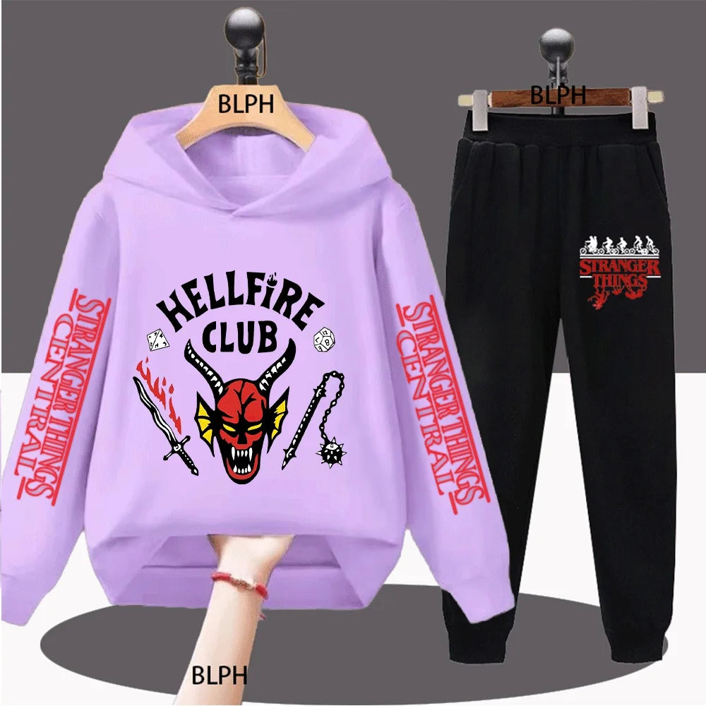 Hellfire Club Kids Hoodie Set with Devil Skull, Dice, Swords, and Spiked Chain Design for Trendy Little Ones